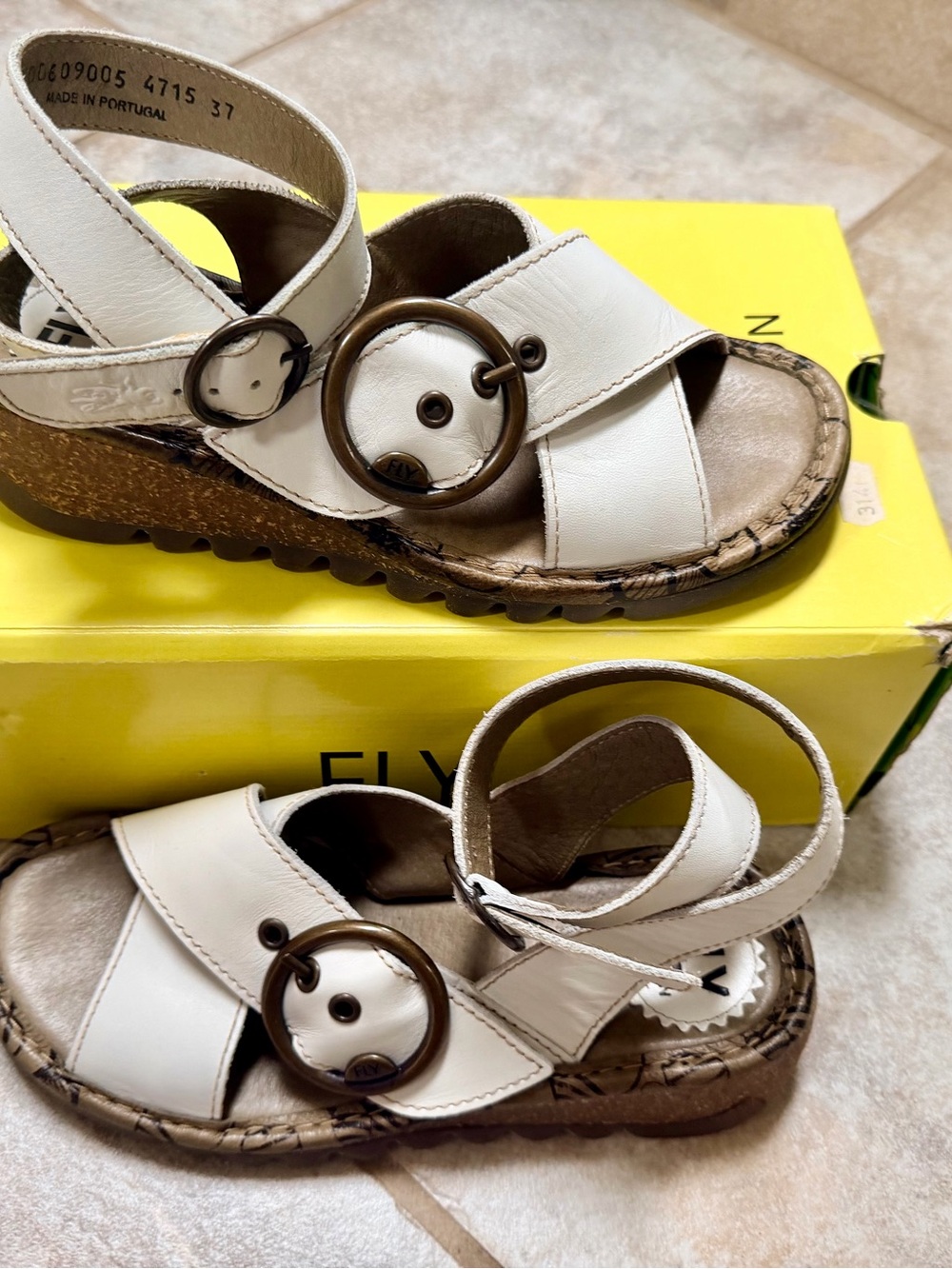 Fly London White Leather Buckle Platform Sandals